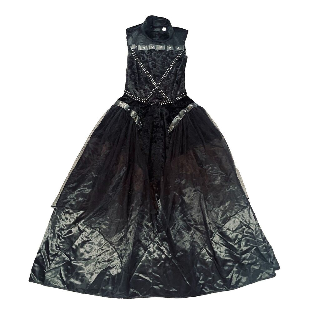 Black Sleeveless Gothic Maxi Dress Costume High collar studded tulle punk witchy